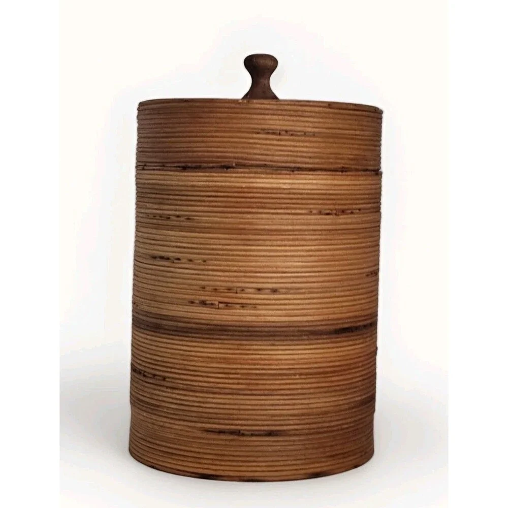 Vintage Coiled Rattan Wood Canister Lid Boho MCM Bamboo Bucket/Container